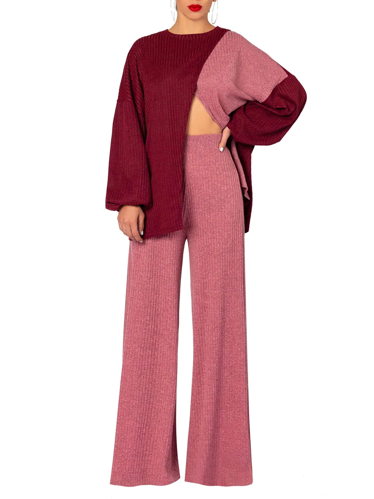 "Beauvoir" Mauve Sweater Wide Leg Pants