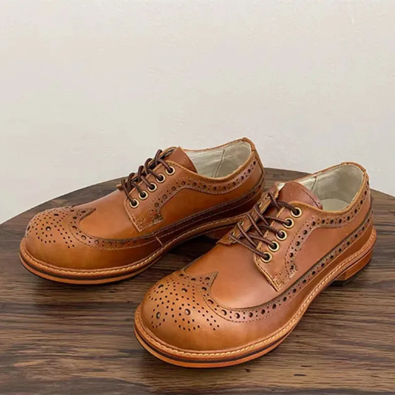 Round Toe Genuine Leather Brogue Shoes