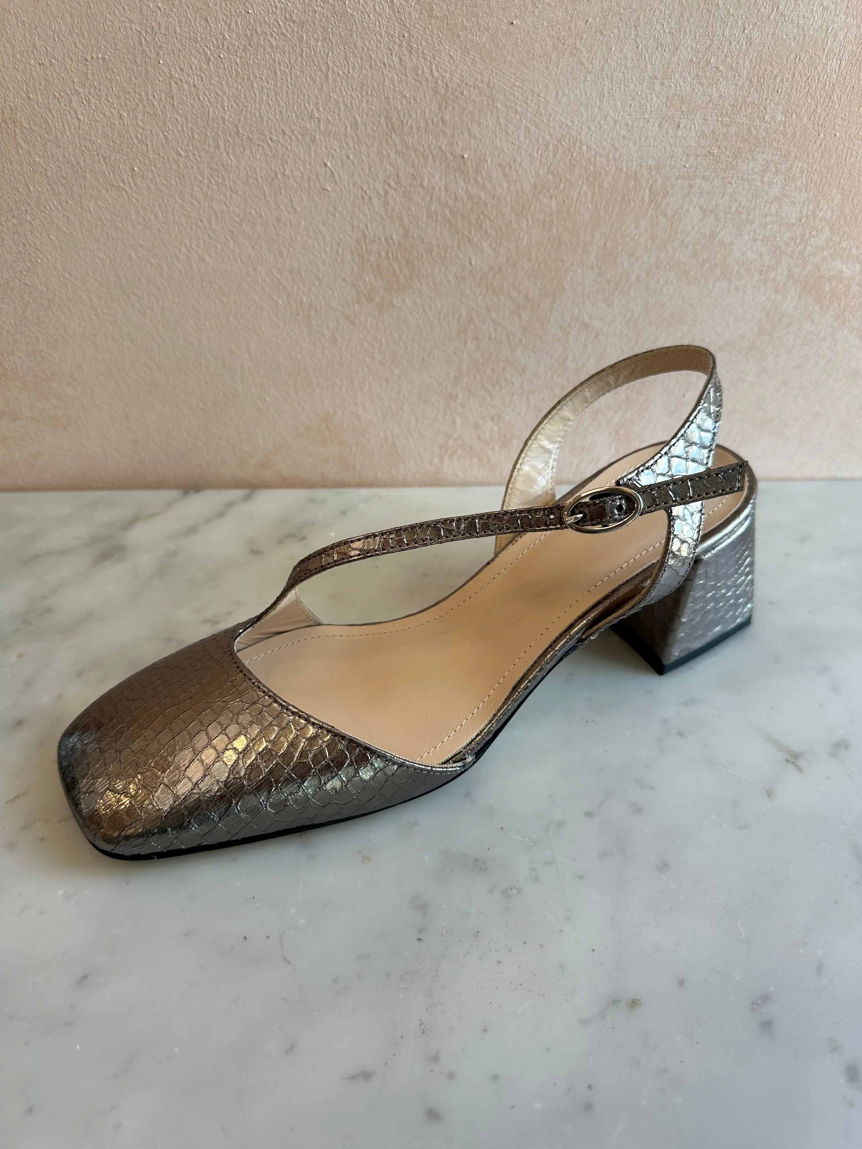 Sempre Di - Block Heel Mary Jane Silver Viper