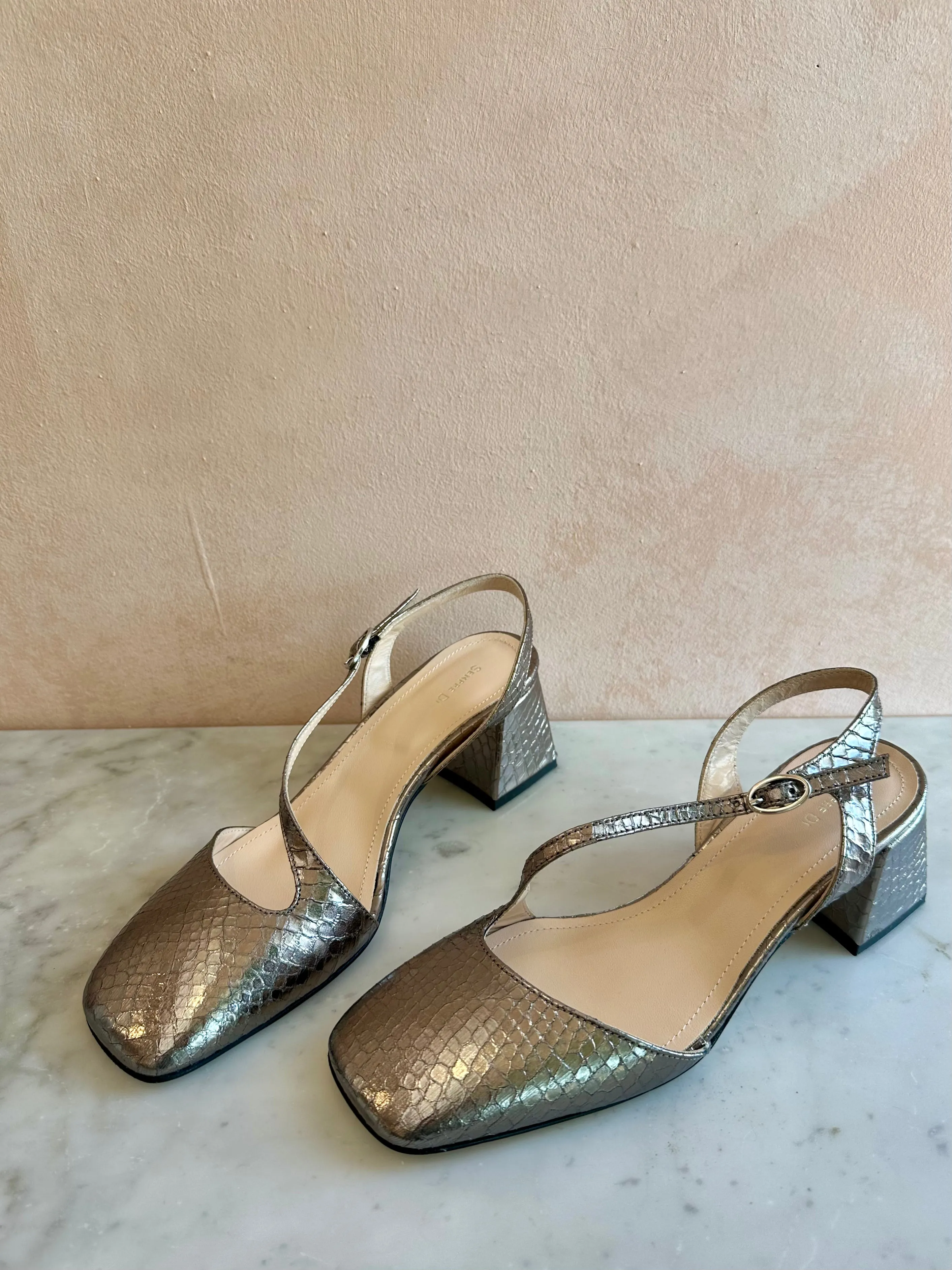 Sempre Di - Block Heel Mary Jane Silver Viper