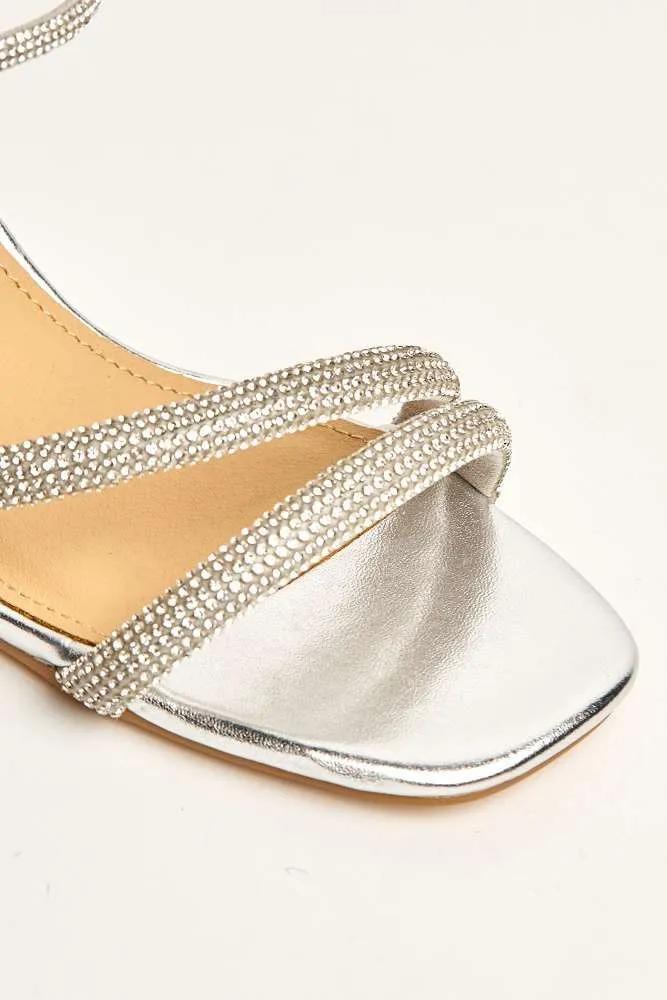 Silas Diamante Embellished Wide Fit Block Heel Sandals in Silver