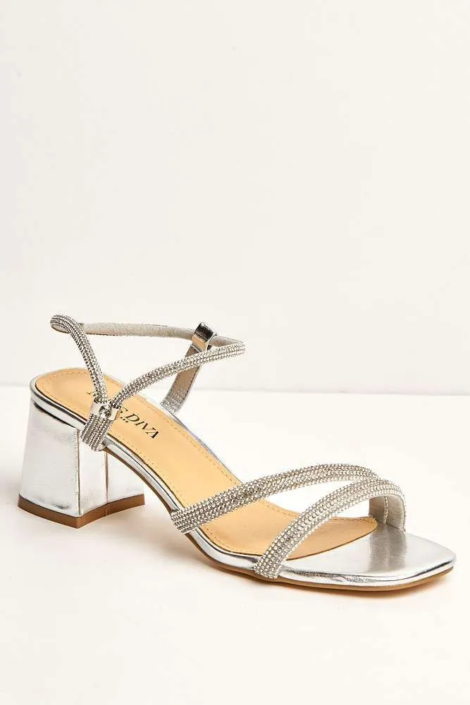 Silas Diamante Embellished Wide Fit Block Heel Sandals in Silver