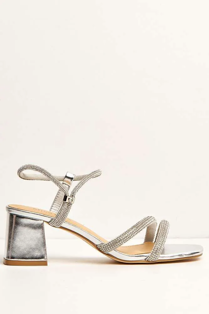 Silas Diamante Embellished Wide Fit Block Heel Sandals in Silver