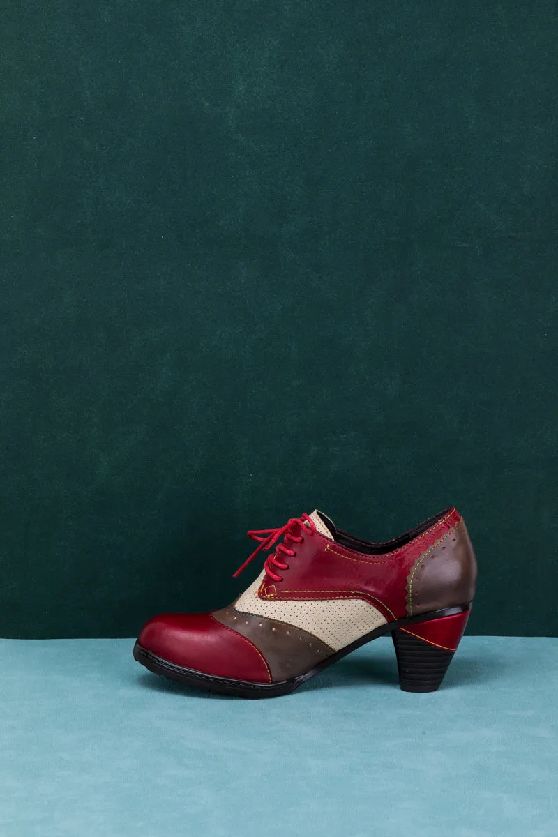 SOFFIA | COLOR BLOCK BLOCK HEEL LEATHER OXFORD - RED