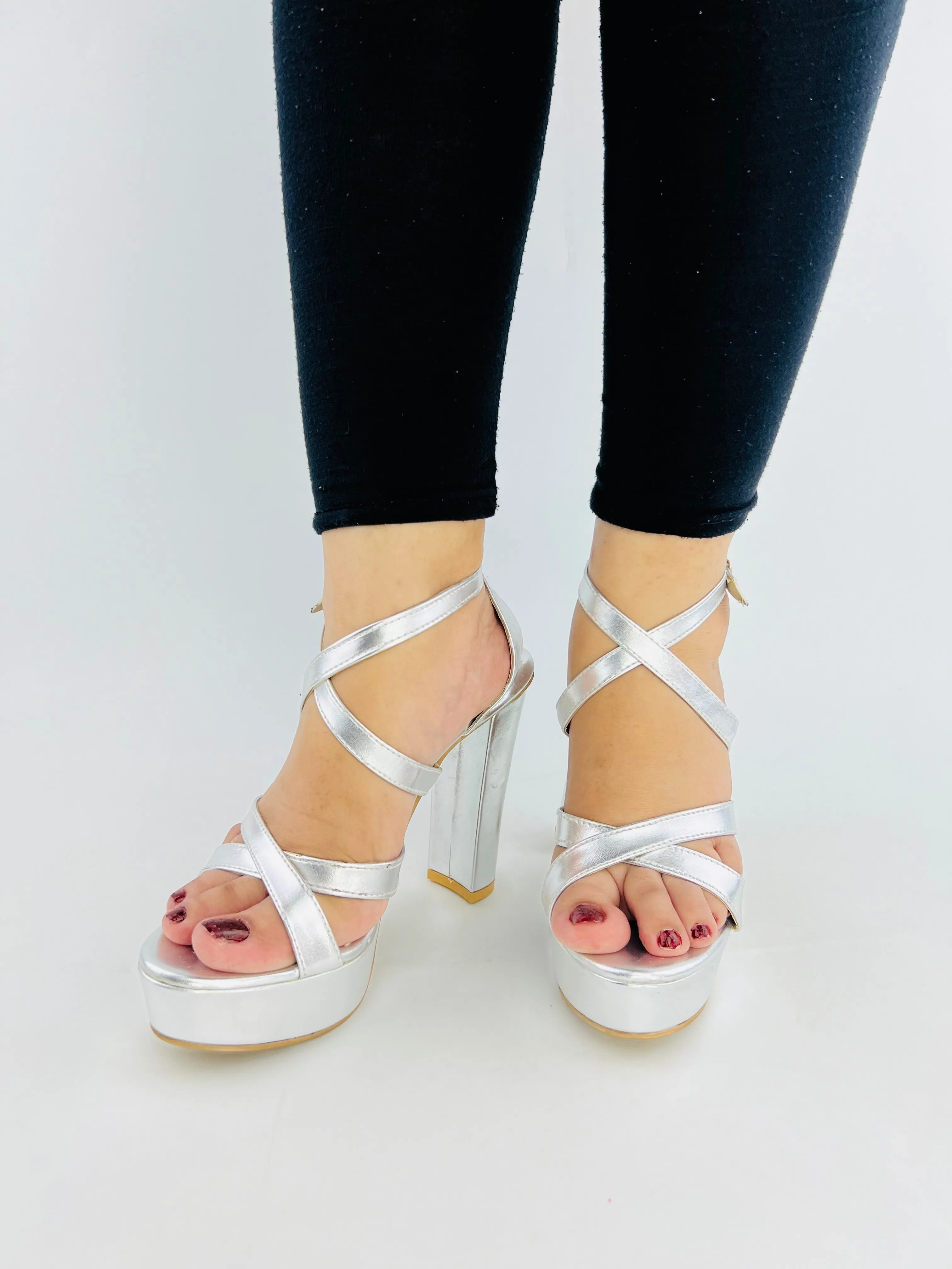 Spunkz High Heel Silver Strappy Platform Sandals