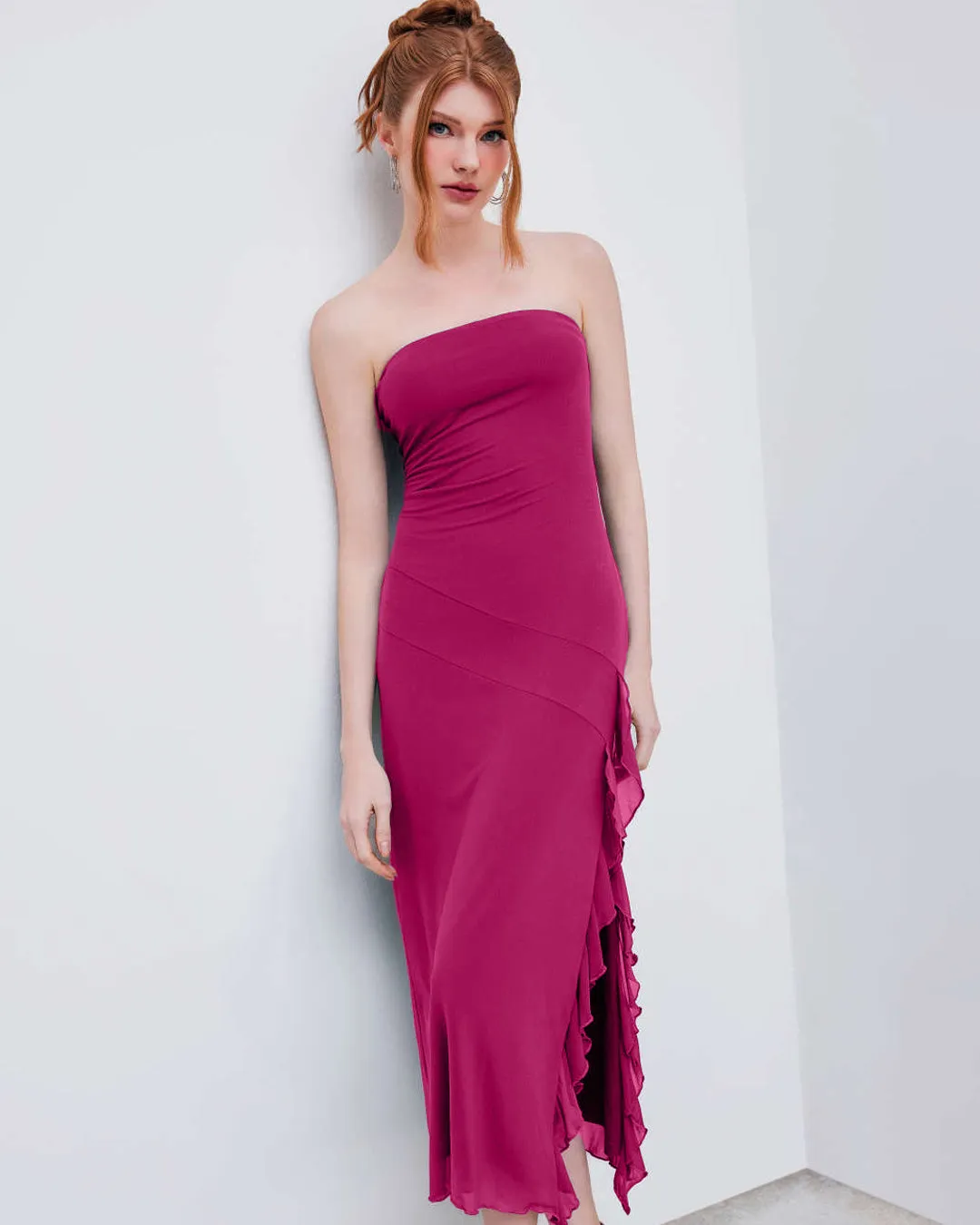 Tube Ruffles Gown With Net Side Detailing In Pink