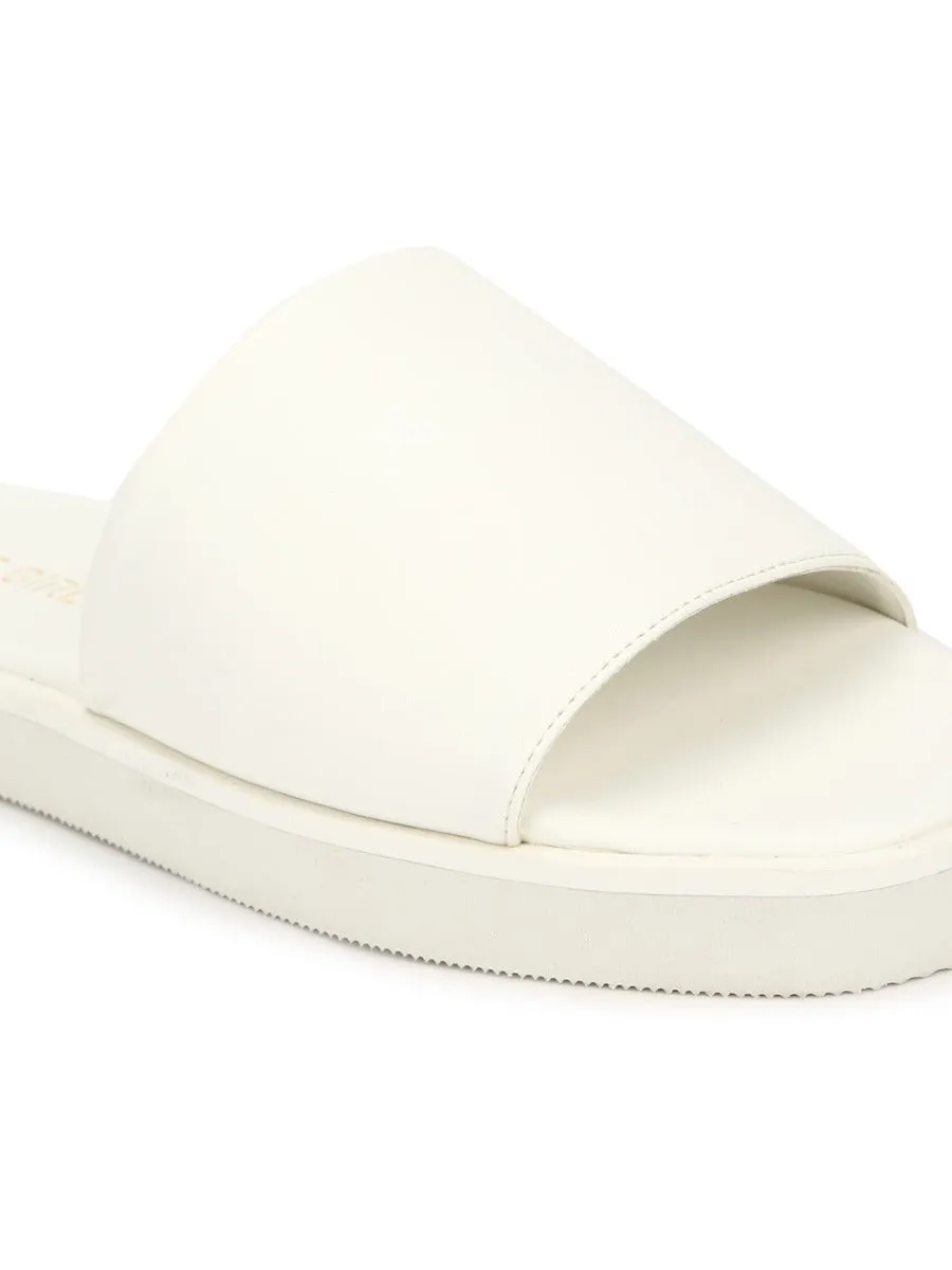 White PU Wide Strap Slides