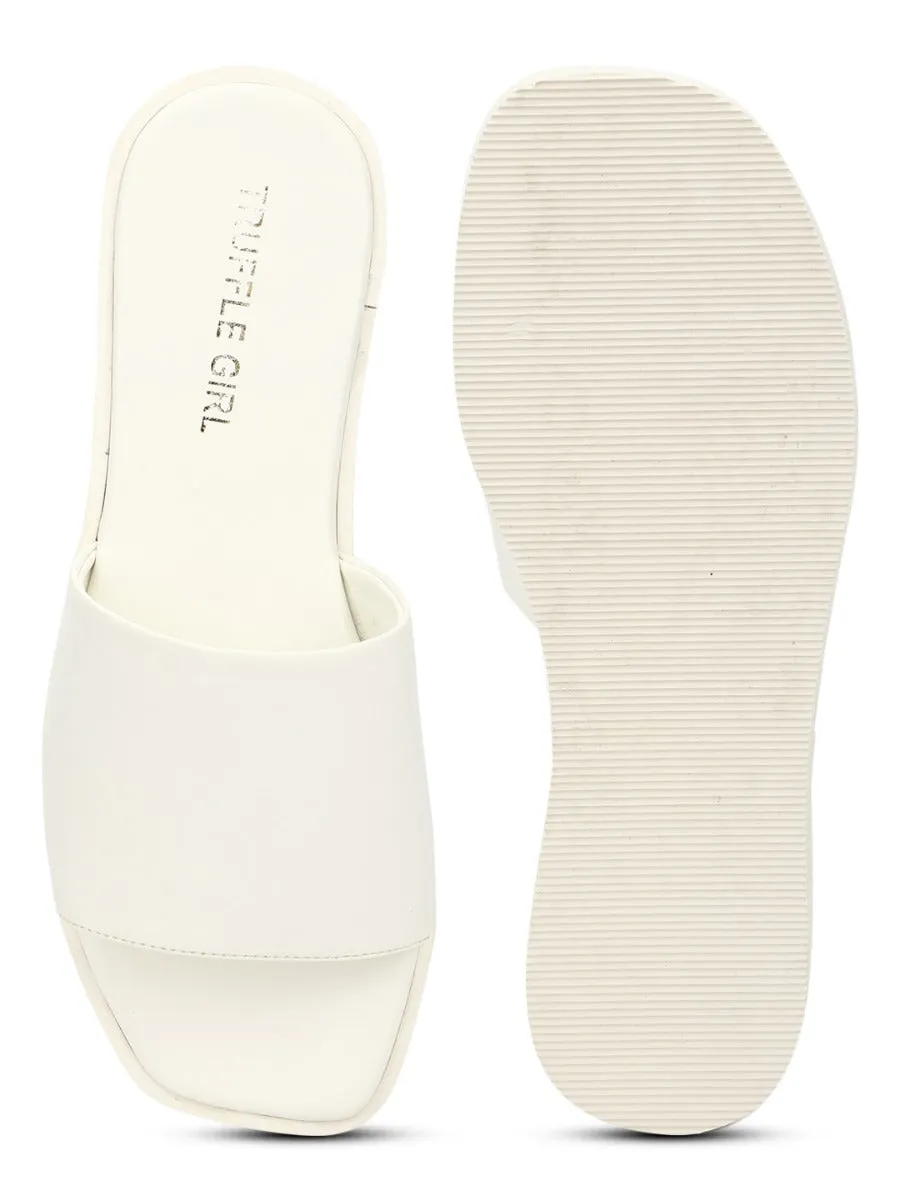 White PU Wide Strap Slides