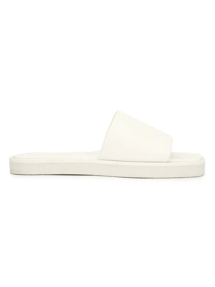 White PU Wide Strap Slides