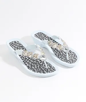 White Wedge Heel Jewel Embellished Sandals with Animal Print Insoles