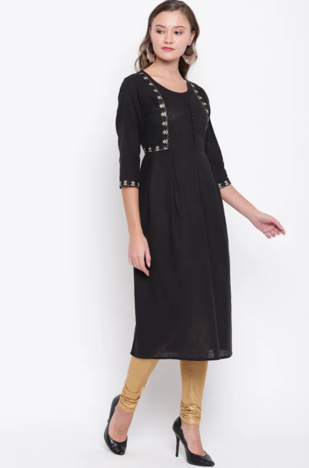 Women'S Embroidered/Solid Anarkali Cotton Black Kurta (1Pc)