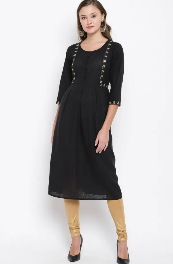 Women'S Embroidered/Solid Anarkali Cotton Black Kurta (1Pc)