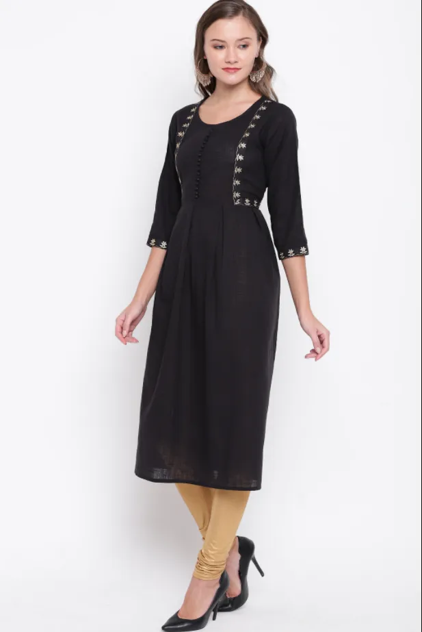 Women'S Embroidered/Solid Anarkali Cotton Black Kurta (1Pc)