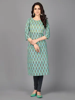 Women'S Floral Print Straight Cotton Aqua Stitched Kurta