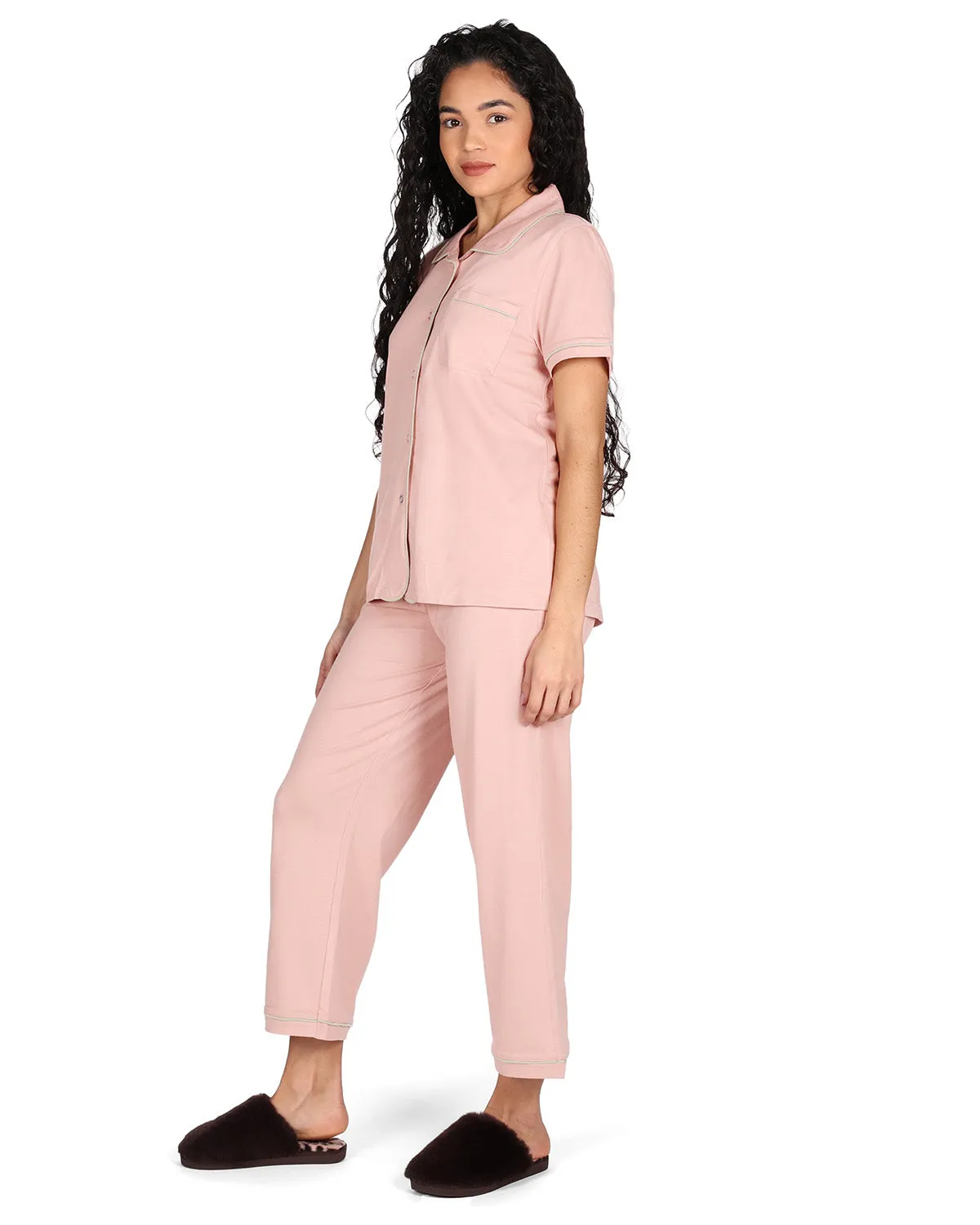 Women's Notch Collar Capri Cotton Blend Pajama Set