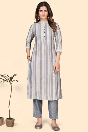 Women'S Striped Print Straight Cotton Blend Grey Stitched Kurta With Pant